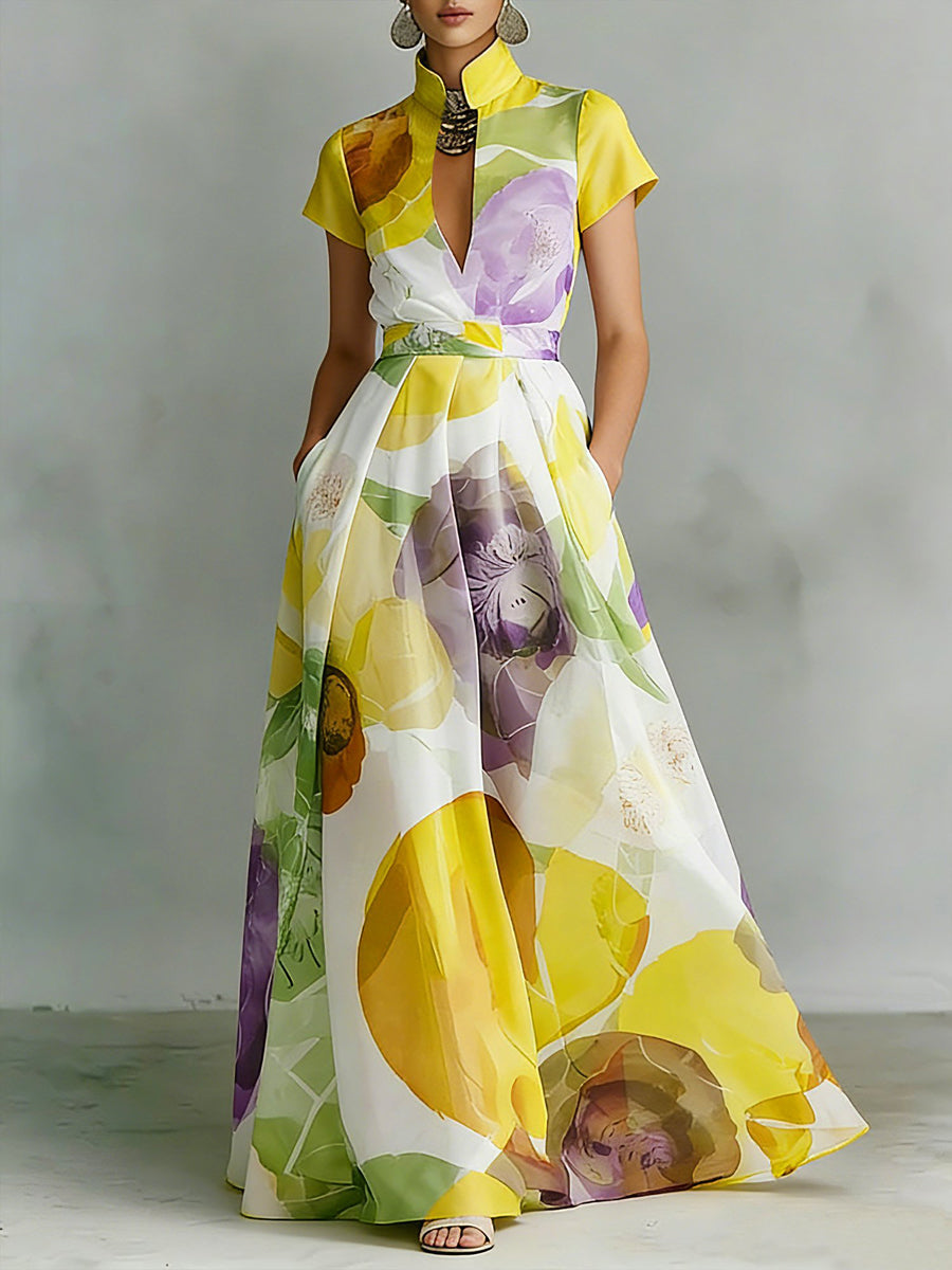 Robe longue ample plissée imprimée coupe trapèze, à poches, à fermeture éclair, à col montant