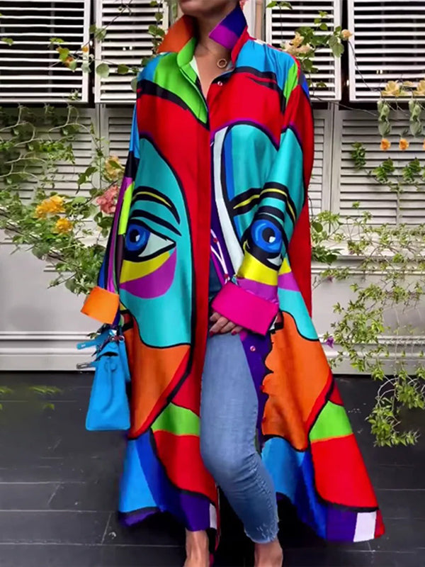 Robe longue à revers multicolore, coupe irrégulière, ample, imprimé abstrait, robe chemise