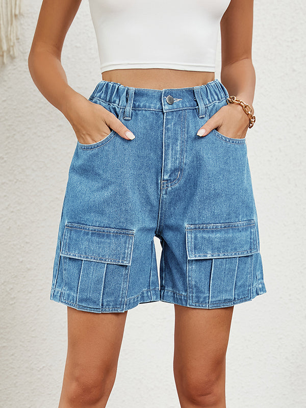 Short ample taille haute, à taille élastique, à poches, à empiècements, en jean
