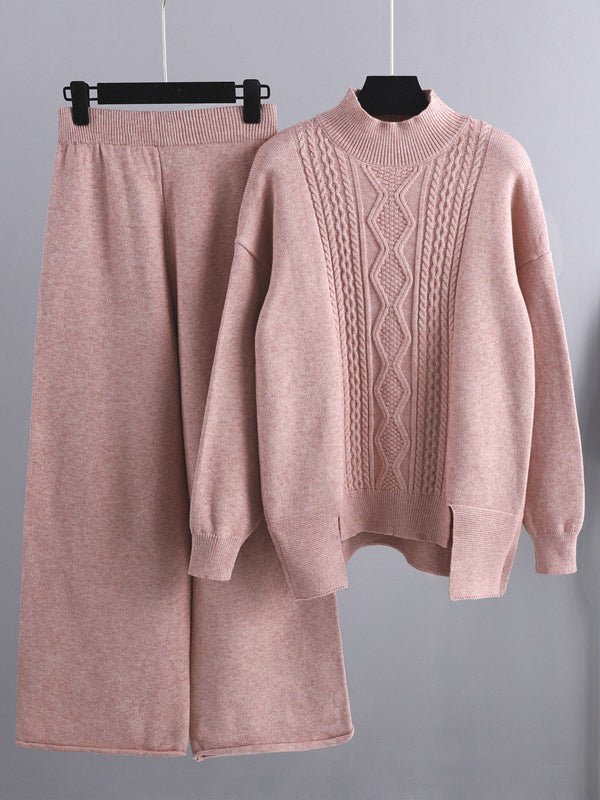 Ensemble deux pièces urbain ample, pull à demi-col roulé et pantalons à jambes larges