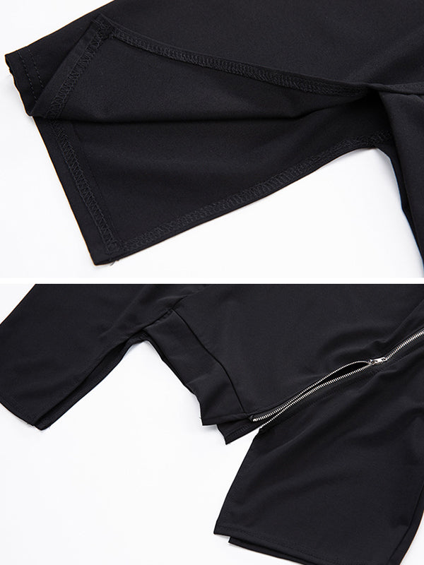 T-shirt élégant irrégulier noir à fermeture éclair, à empiècements