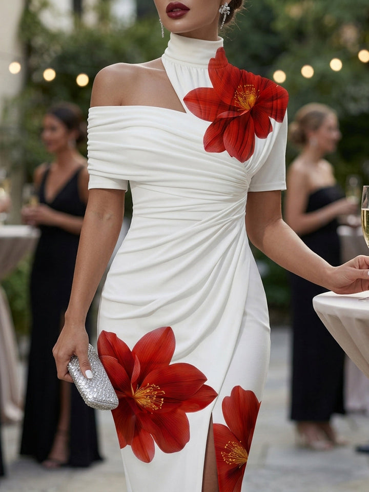 Robe mi-longue moulante plissée fendue devant à manches courtes, à imprimé floral, à col haut