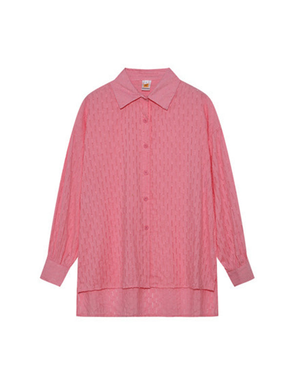 Ensemble deux pièces boutonné à ourlet plongeant, à manches longues, en jacquard, à col revers, couleur unie – chemise + haut + short