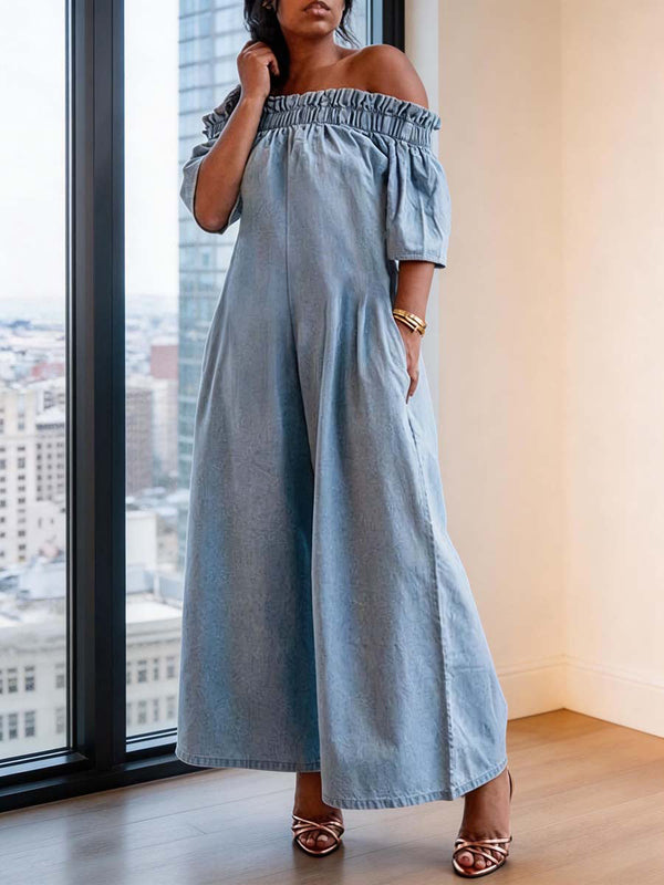 Combinaison ample plissée extensible élastique à manches courtes, à empiècements, à épaules dénudées, couleur unie