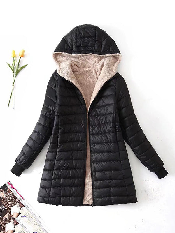 Manteau chaud matelassé à manches longues, à poches, en velours, à fermeture éclair, à capuche