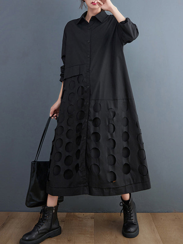 Robe mi-longue asymétrique ajourée coupe trapèze, à manches longues, à pois, à col revers, couleur unie