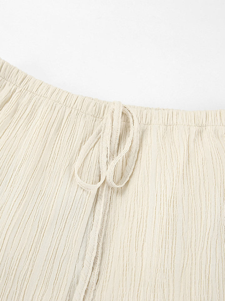 Ensemble deux pièces court plissé à col licou, à empiècements, taille haute, à taille élastique, à taille nouée, couleur unie – débardeur + pantalon