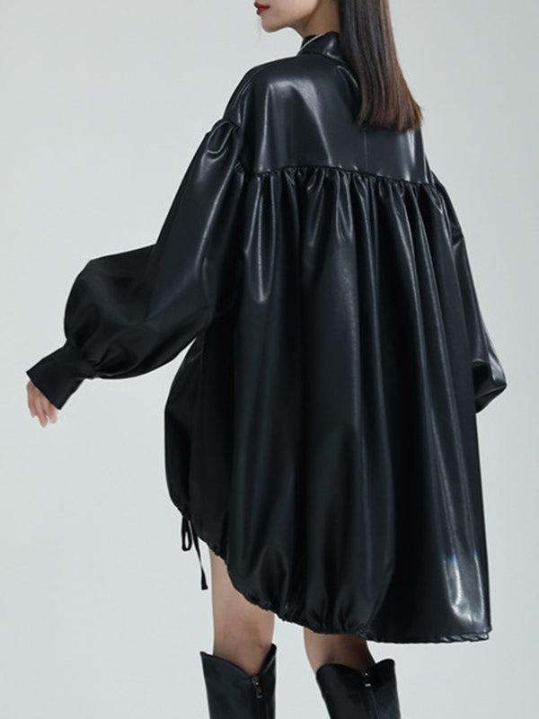 Robe courte plissée à ourlet plongeant, à manches longues, à cordon de serrage, à col montant, couleur unie