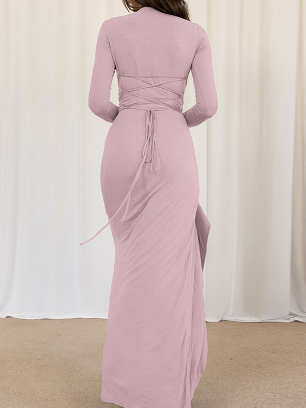 Robe longue moulante asymétrique plissée volantée taille haute, à empiècements, à col rond, couleur unie