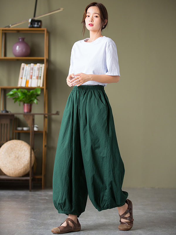 Knickerbockers à jambes larges et amples en lin, couleur unie, cordon de serrage plissé