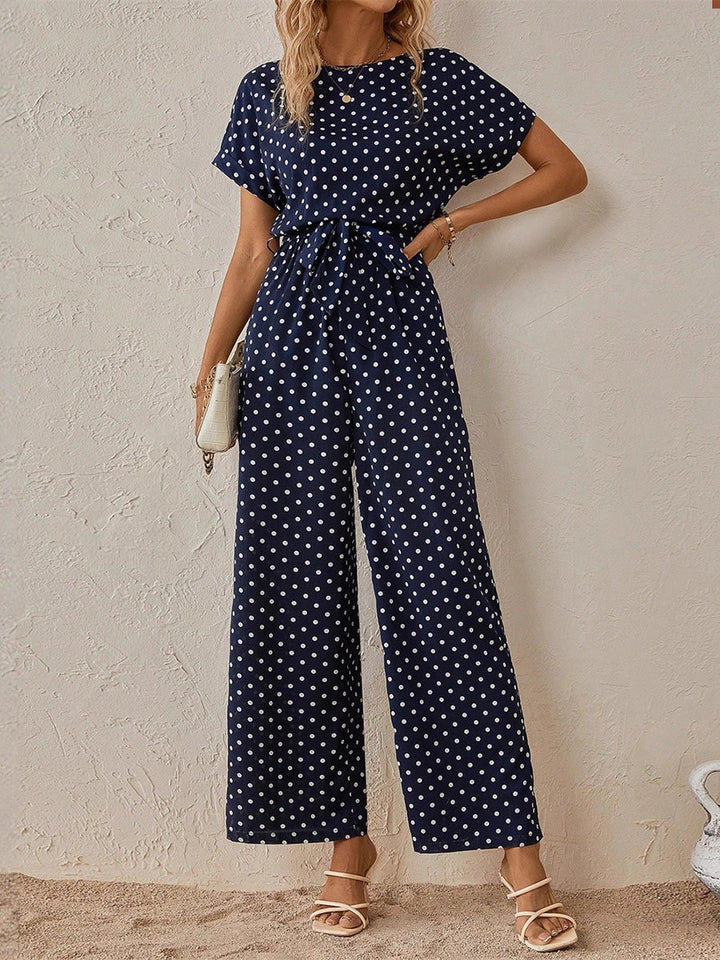 Combinaison taille haute, à pois, à empiècements, à taille nouée, à col rond, couleur contrastée