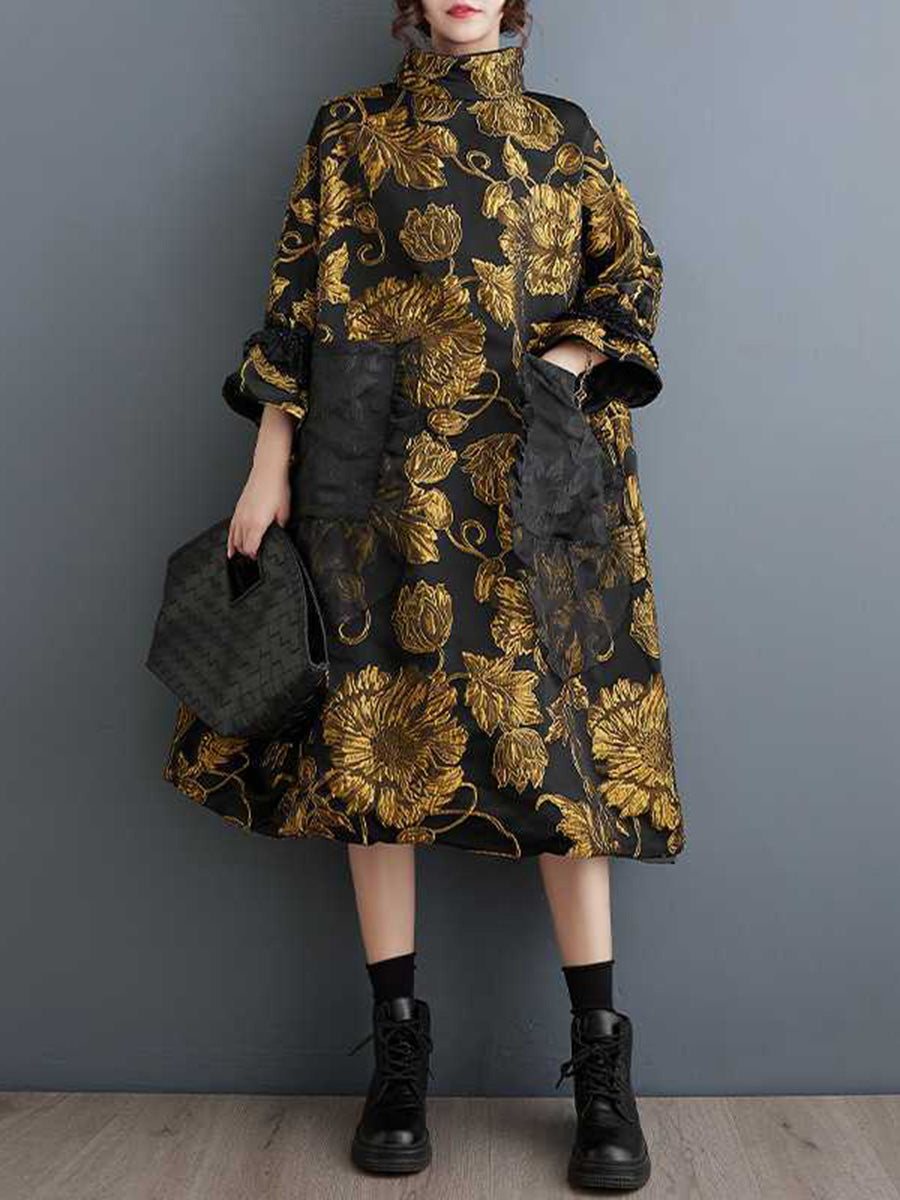 Robe mi-longue coupe trapèze, à manches évasées, à imprimé floral, en jacquard, à poches, à col haut, couleur contrastée