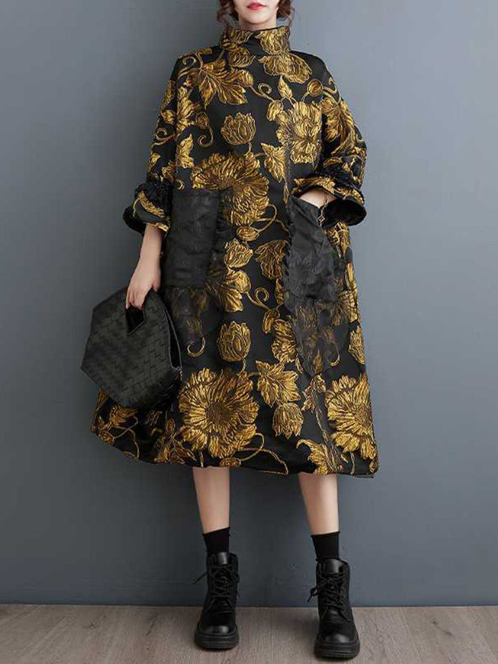Robe mi-longue coupe trapèze, à manches évasées, à imprimé floral, en jacquard, à poches, à col haut, couleur contrastée