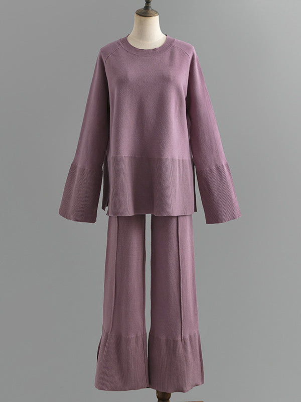 Ensemble deux pièces décontracté ample à manches longues, à col rond, à jambes larges, couleur unie – pull + pantalon
