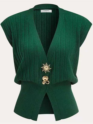 Débardeur ample fendu sur le côté taille haute, à boucle, en maille côtelée, à empiècements, à col en V, couleur unie