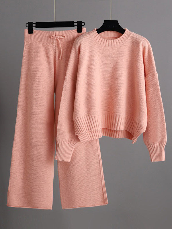 Ensemble deux pièces élégant ample à ourlet plongeant, à manches longues, à col rond, à jambes larges, couleur unie – pull + pantalon