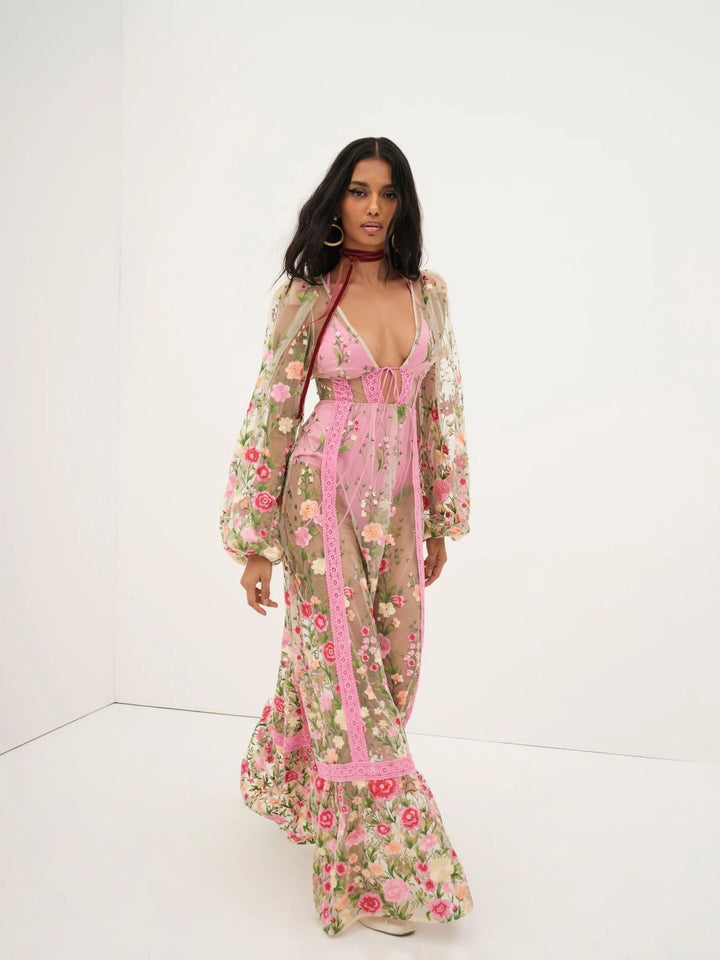 Sabrina - Robe maxi en dentelle transparente avec motifs floraux