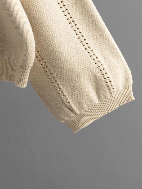 Ensemble deux pièces ample ajouré à manches bouffantes, à taille élastique, couleur unie – pull + jupe