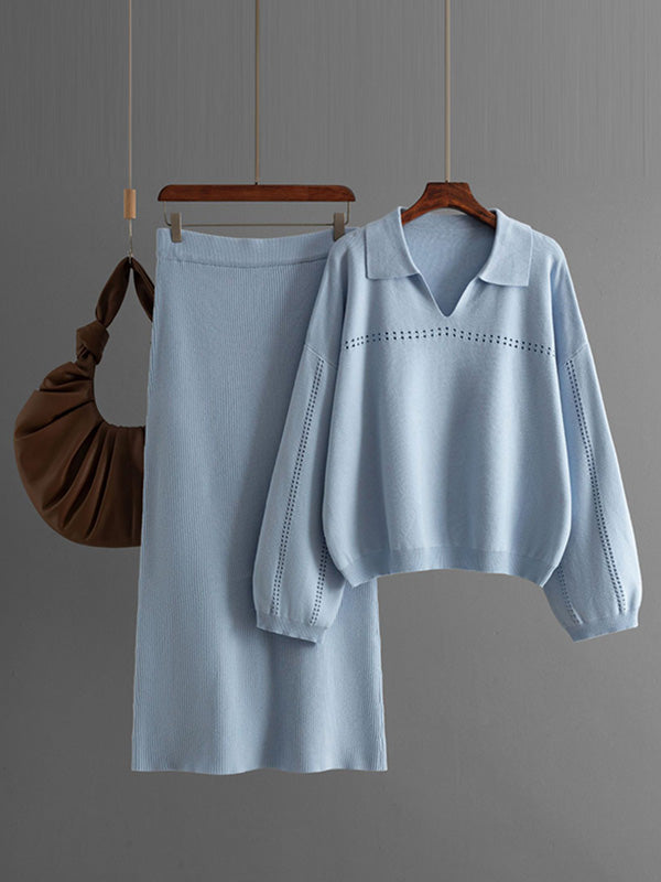 Ensemble deux pièces ample ajouré à manches bouffantes, à taille élastique, couleur unie – pull + jupe