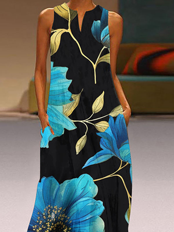 Robe longue ample coupe trapèze, à imprimé floral, à poches, à col en V