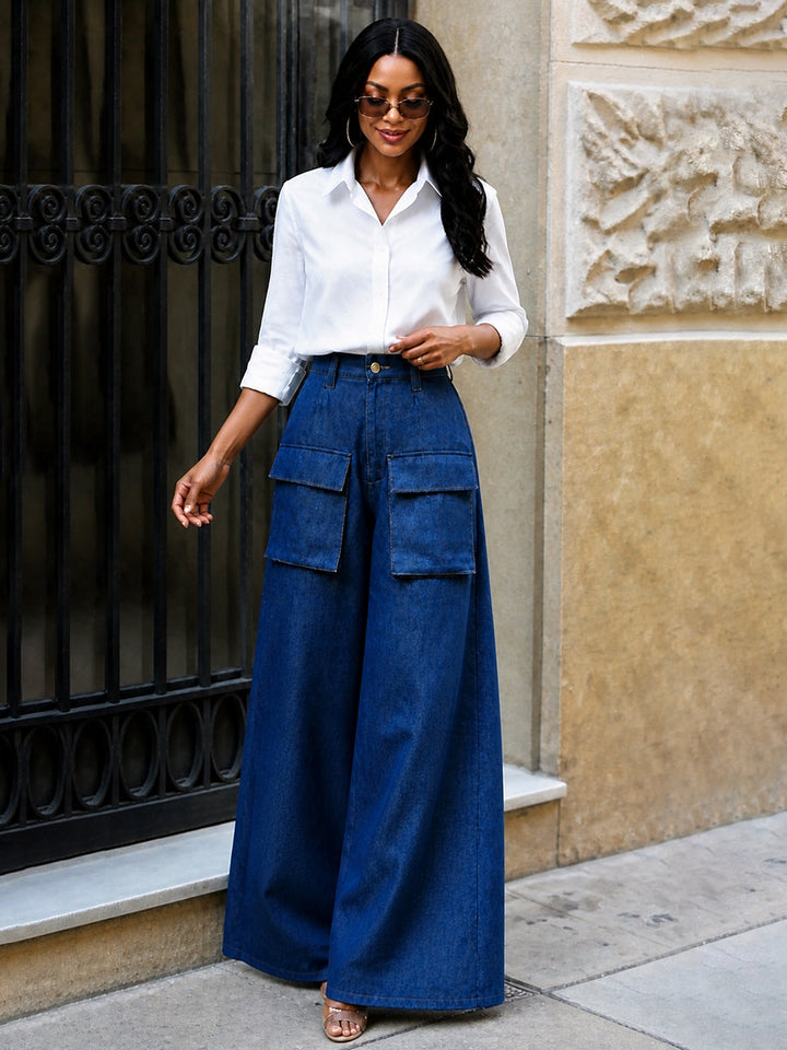 Pantalon boutonné à fermeture éclair, à poches, à jambes larges, taille haute, couleur unie