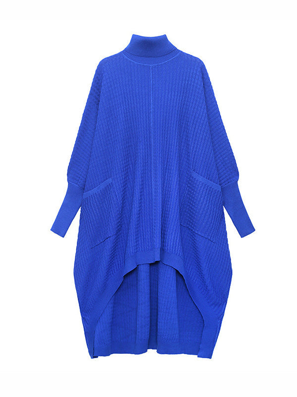 Robe pull à manches chauve-souris, à ourlet plongeant, à poches, à col haut, couleur unie