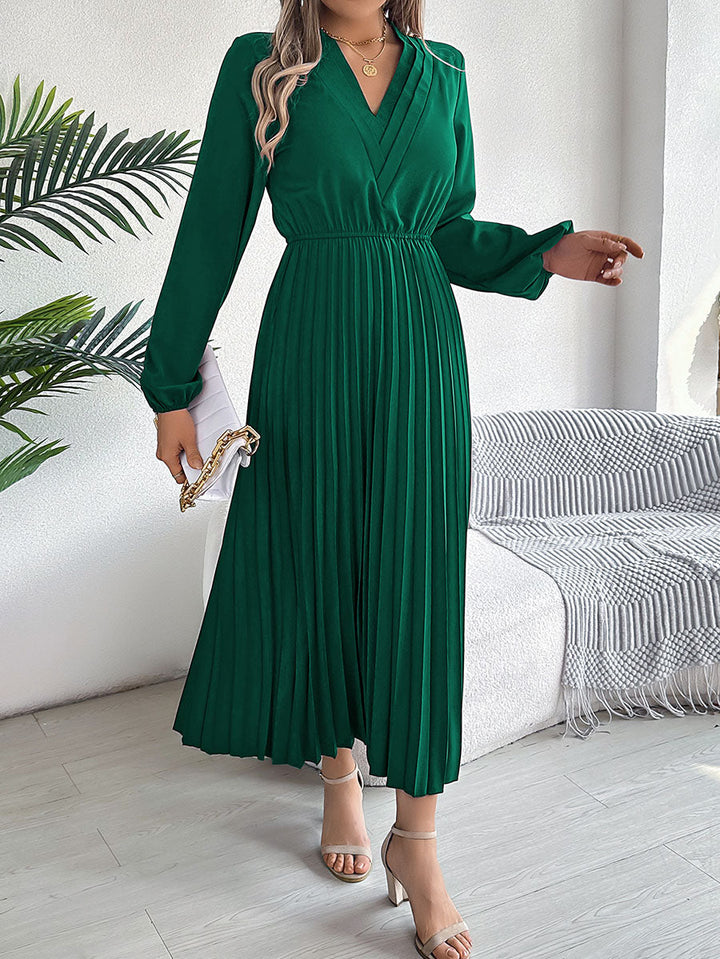 Robe longue plissée coupe trapèze, taille haute, à taille élastique, à col en V, couleur unie
