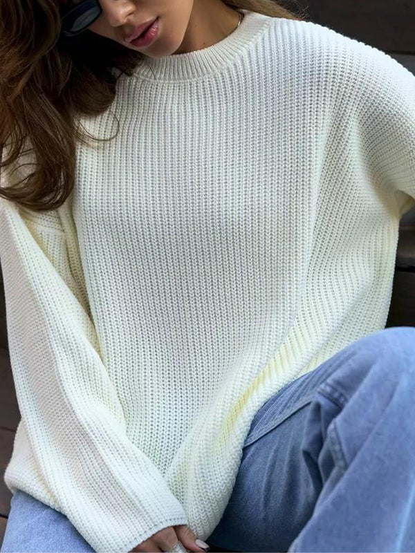 Pull ample à manches longues, à empiècements, à col rond, couleur unie
