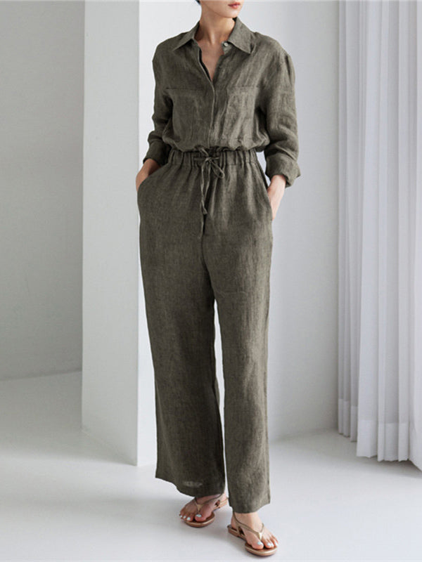 Combinaisons en lin urbain avec cordon de serrage, taille élastique, jambes larges, manches longues