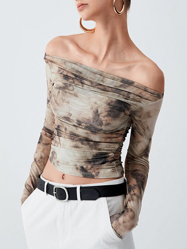 T-shirt plissé à manches longues, coupe près du corps, à empiècements, tie-dye, à épaules dénudées