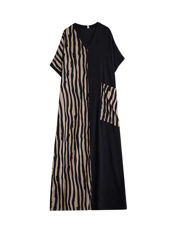 Robe longue rayée coupe trapèze, à manches chauve-souris, à poches, à empiècements, à col en V, couleur contrastée