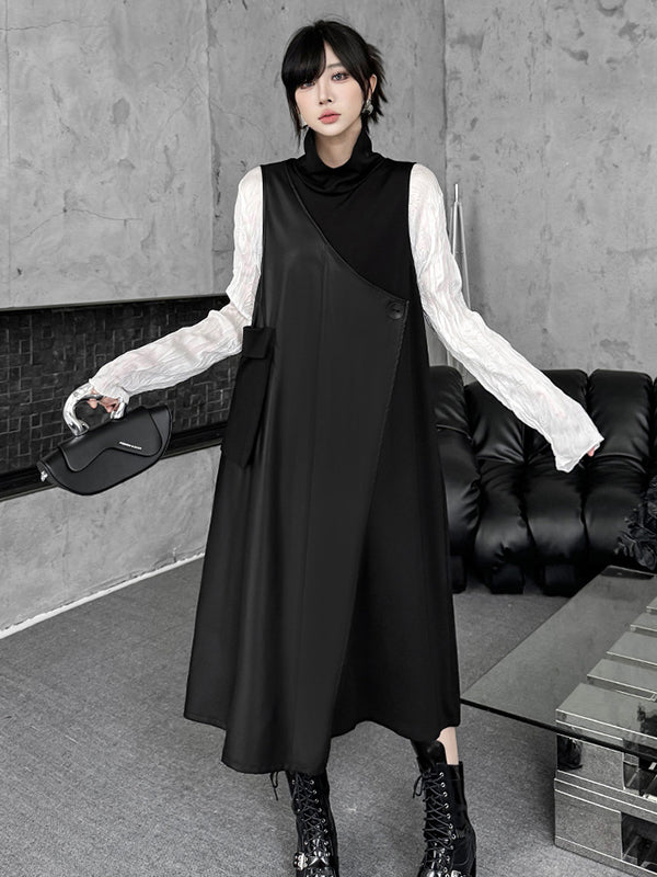 Robe mi-longue ample asymétrique boutonnée à coupe irrégulière, à empiècements, à col haut, couleur unie