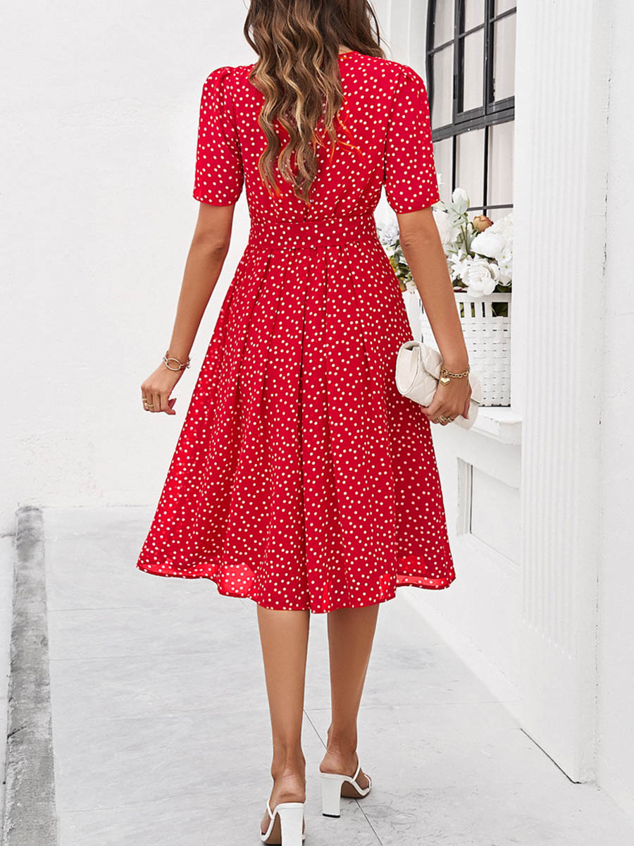 Robe mi-longue coupe trapèze, à taille élastique, à pois, à empiècements, à taille nouée, à col rond, couleur contrastée