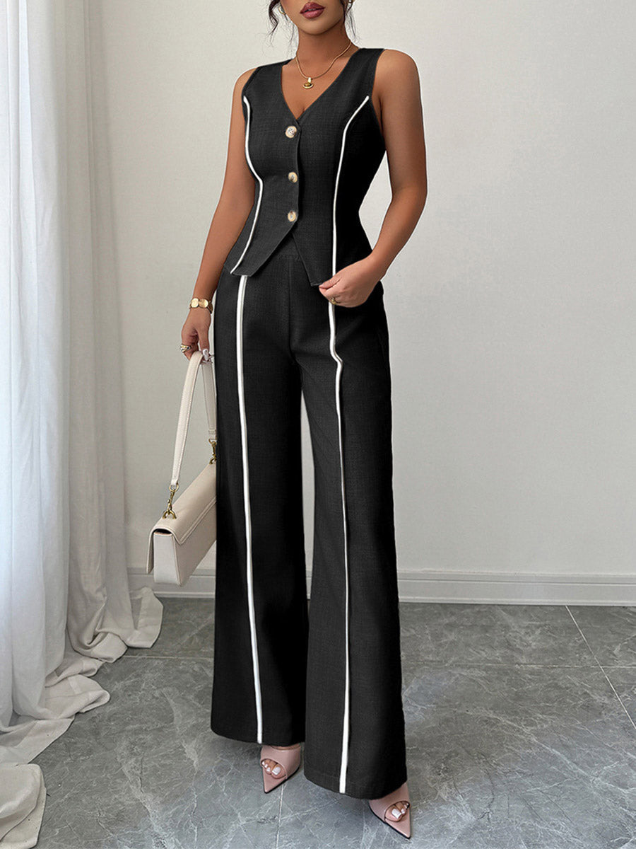 Ensemble deux pièces boutonné sans manches, à col en V, taille haute, couleur contrastée – chemisier + pantalon