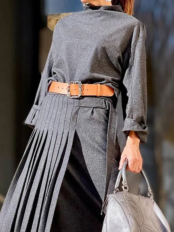 Ensemble deux pièces ample asymétrique plissé à empiècements, couleur unie – haut + jupe