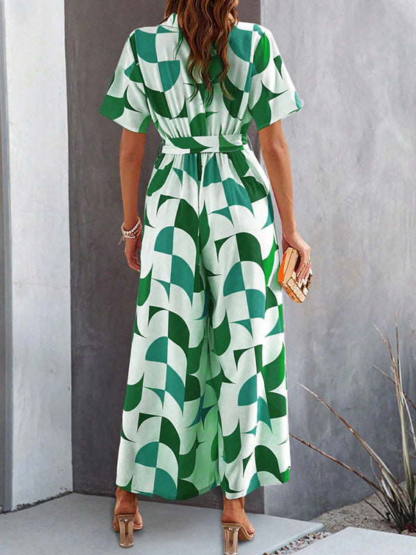 Combinaison ample boutonnée taille haute, à taille nouée, à col en V, couleur contrastée