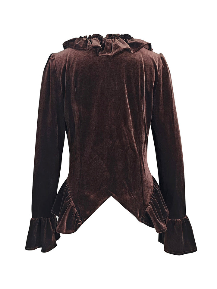 Chemisier boutonné plissé volanté à taille élastique, à manches évasées, à empiècements, à décolleté en V profond, couleur unie