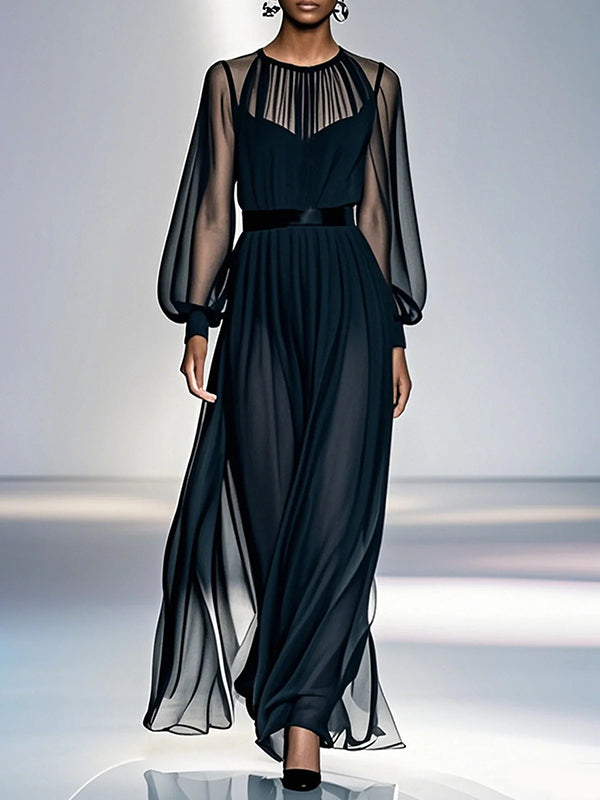Robe longue ample plissée transparente effet deux pièces, en gaze, à col rond