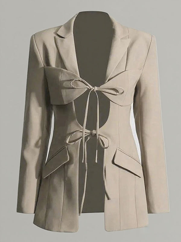 Blazer ample noué à manches longues, à poches, à col cranté, couleur unie
