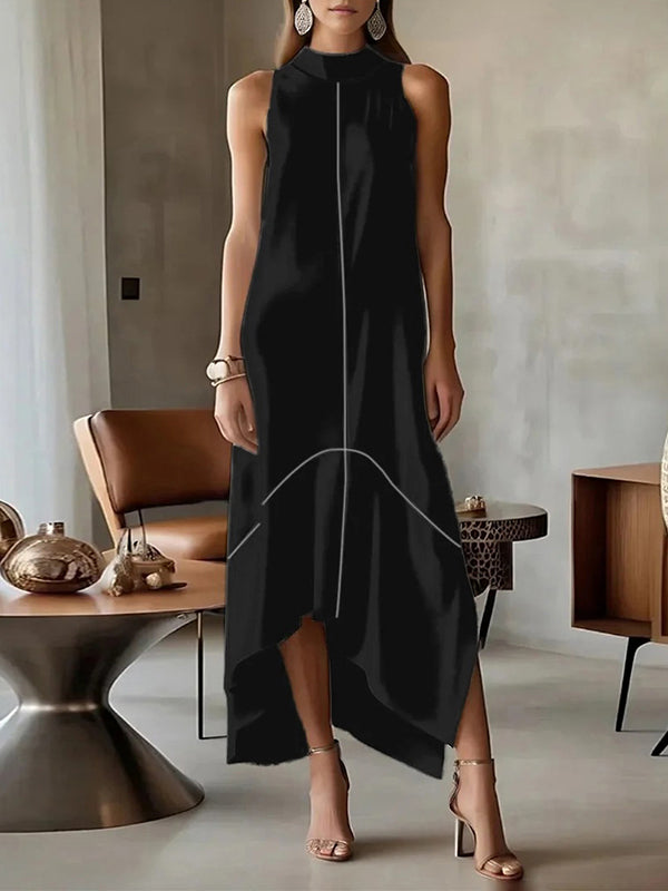 Robe longue fendue sur le côté sans manches, à empiècements, à col haut
