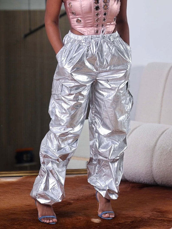 Pantalon ample taille haute, à cordon de serrage, à taille élastique, à poches, à empiècements
