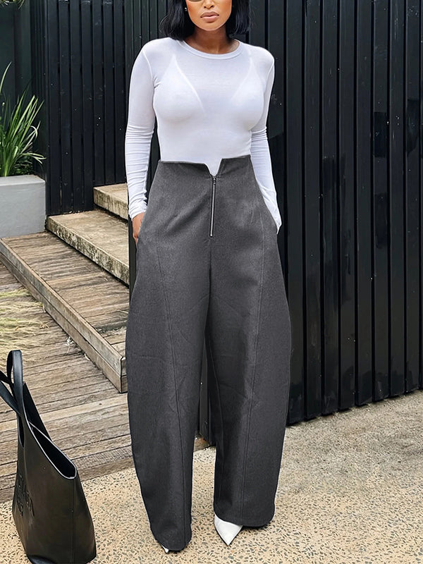 Pantalon ample à poches, à fermeture éclair, couleur unie