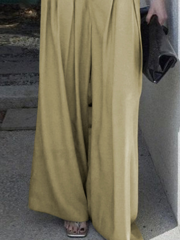 Pantalon ample plissé décontracté à jambes larges, avec ceinture, couleur unie