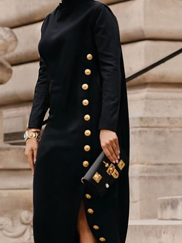 Robe longue ample asymétrique boutonnée fendue sur le côté à manches longues, à empiècements, à col cheminée