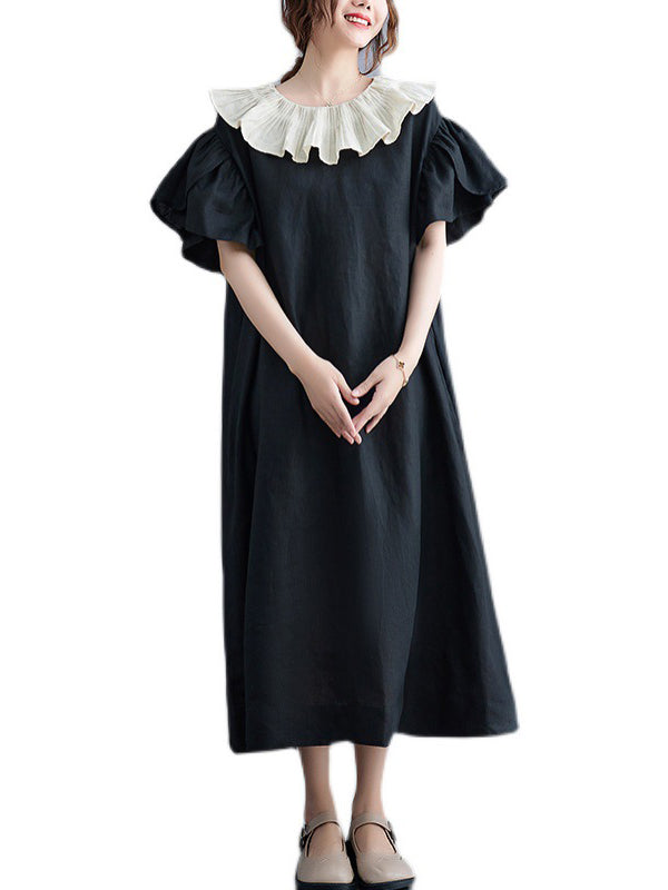 Robe mi-longue vintage, à falbalas, couleur contrastée