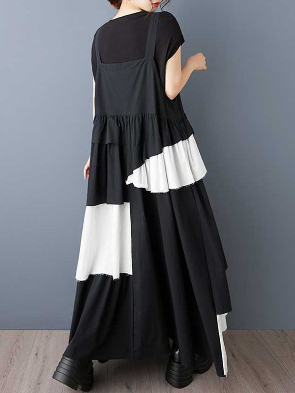 Robe trapèze ample asymétrique boutonnée plissée à col Spaghetti, robe longue à bretelles