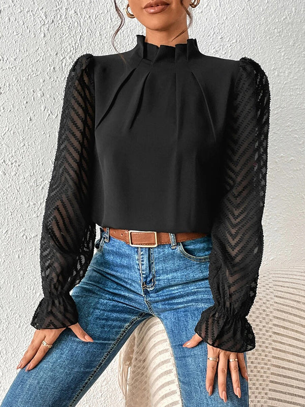 Chemisier ample plissé à manches longues, à taille élastique, en résille, à col cheminée, couleur unie