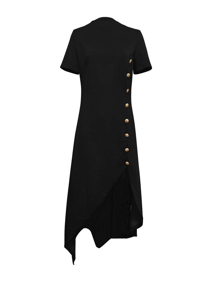 Robe longue boutonnée à ourlet plongeant, à manches courtes, à col rond, couleur unie