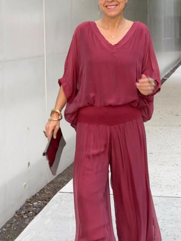 Saila | Robe maxi pour femmes décolleté en V, manches chauve-souris, couleur unie