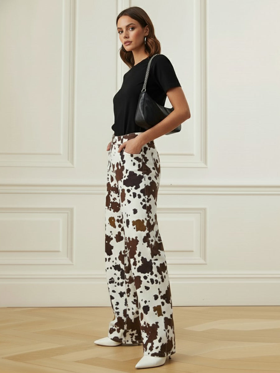 Pantalon à empiècements imprimé vache, taille haute, couleur contrastée, taille élastiquée
